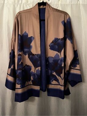 Chico's Taupe Purple and Navy Floral Open Kimono Jacket